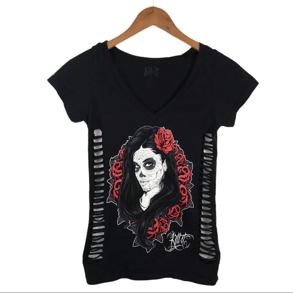WS781 Kill It Gothic Side Slit V Neck T Shirt M